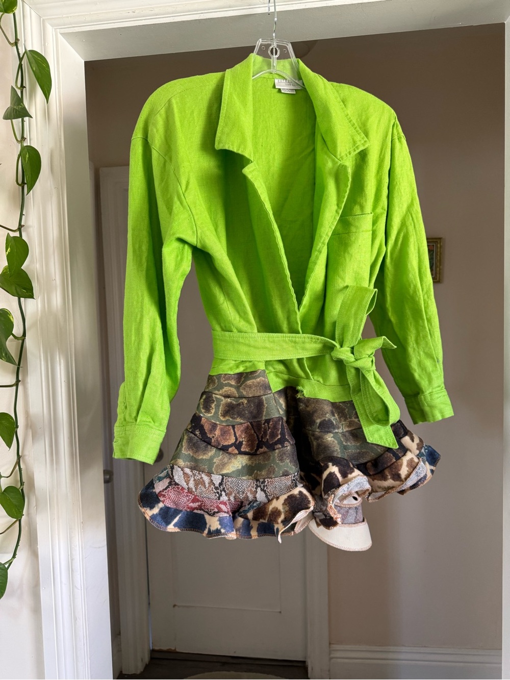 Funky vintage one of a kind upcycled linen blazer with ruffled skirt hem size 8